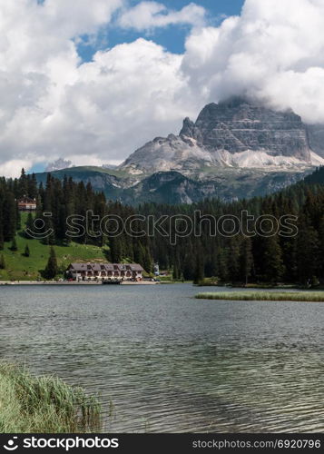 Misurina Lake in Summer Time: Italian Dolomites Alps Scenery