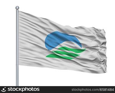 Mitoyo City Flag On Flagpole, Country Japan, Kagawa Prefecture, Isolated On White Background. Mitoyo City Flag On Flagpole, Japan, Kagawa Prefecture, Isolated On White Background