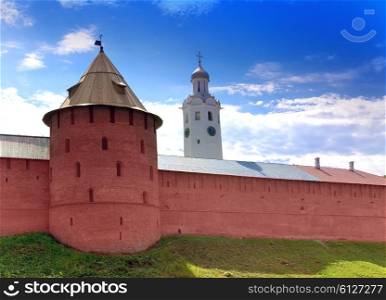 Mitropolichya tower and Clock tower. The Kremlin (Detinets-stronghold). Great Novgorod. Russia