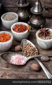 mix hot spices. large set of Indian spices in spoons and bowls