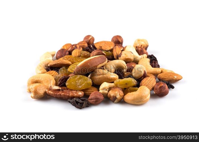 Mix nuts and dry fruits on a white background
