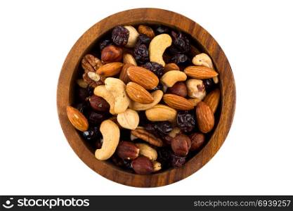 Mix nuts, dry fruits and grapes on a white background in bowl