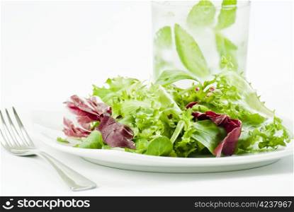 Mix of crisp and sweet lettuce leaves with glas of ice cold water with mint