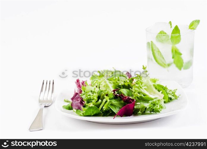 Mix of crisp and sweet lettuce leaves with glas of ice cold water with mint