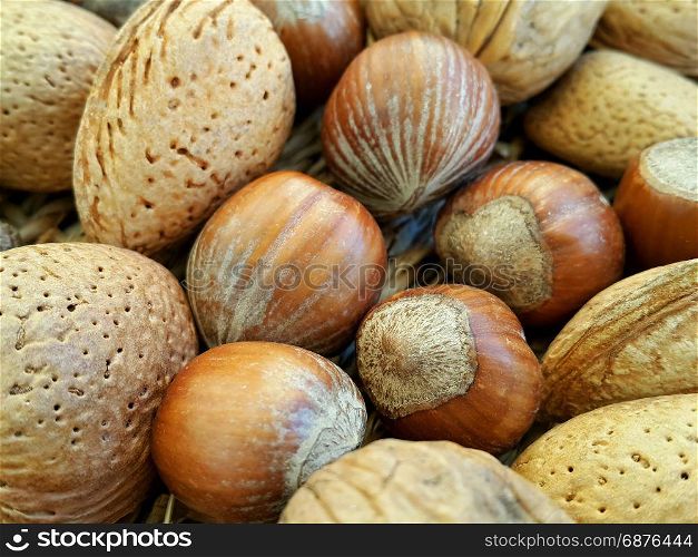 Mix of different types nuts, close up