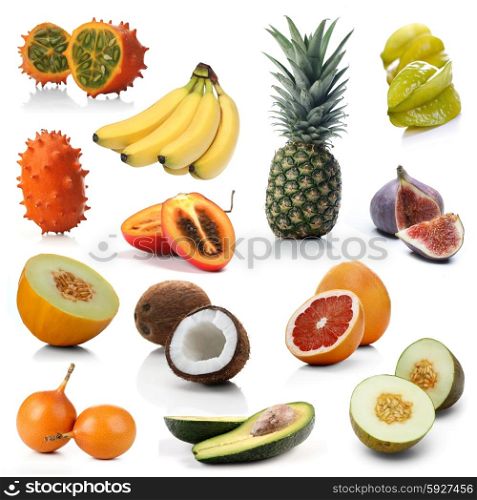 Mix of exotic fruits on white background