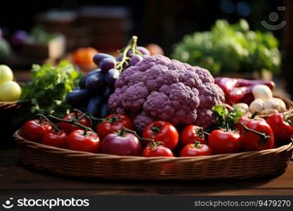 Mix of fresh vegetables in wicker basket. Generative AI