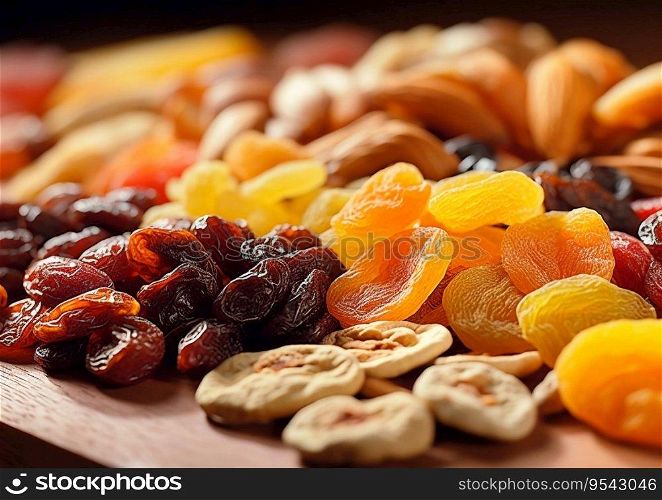 Mix of sweet dried fruits on street market.AI Generative