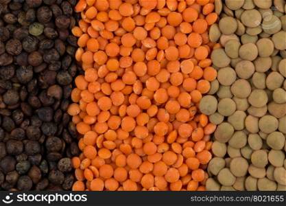 Mix of various color legumes lentils for background