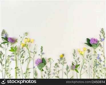 Mix of wildflowers on a beige background with copy space.. Mix of wildflowers on beige background with copy space.