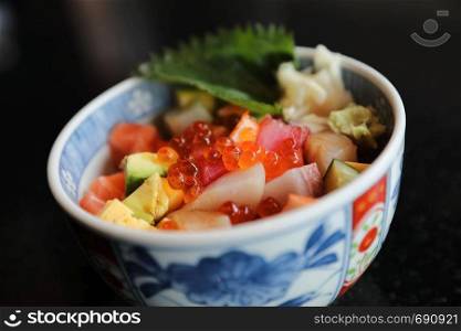 Mix sushi donburi in bowl , Japanese food