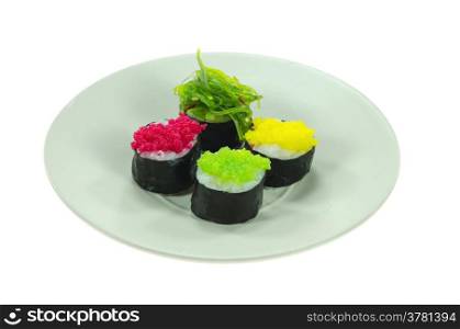 mix sushi rolls on dish over white background. japanese sushi on dish