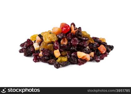 Mix variety of dried fruit over white background