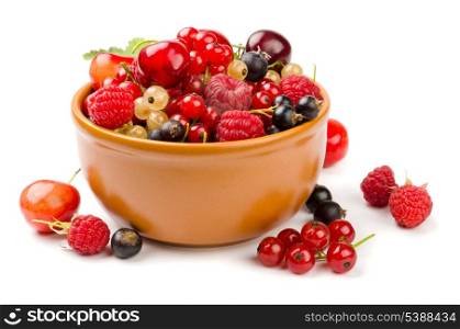 Mixed berries in bowl isolated on white