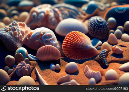 Mixed colorful sea shells.  Generative AI 