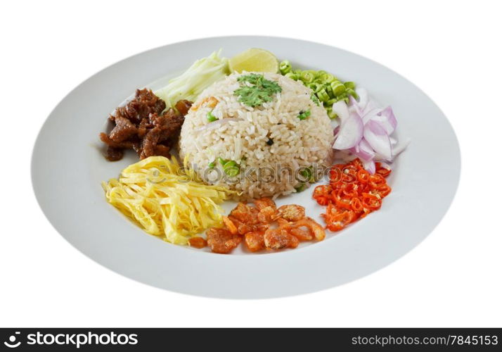 Mixed cooked rice with shrimp paste sauce and fresh vegetable