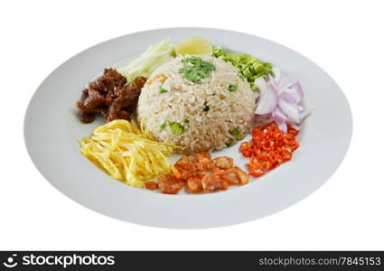 Mixed cooked rice with shrimp paste sauce and fresh vegetable