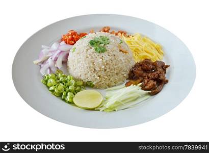Mixed cooked rice with shrimp paste sauce and fresh vegetable, Thai food