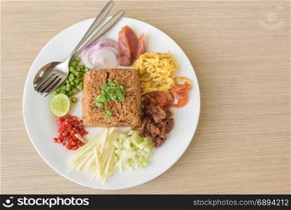 Mixed cooked rice with shrimp paste sauce, traditional Thai style food