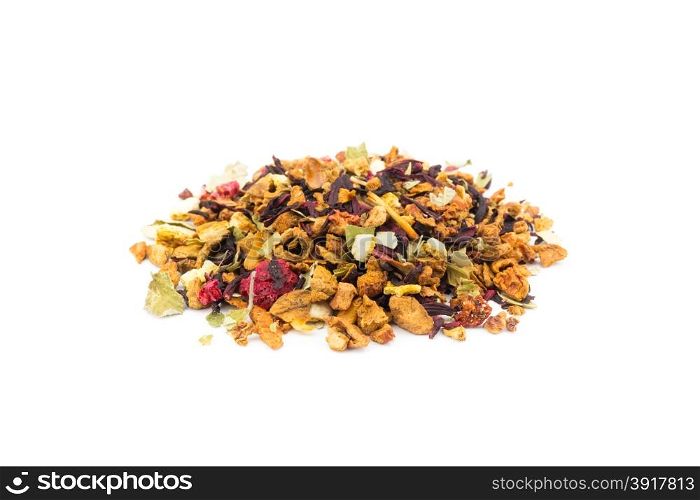 Mixed dry loose forest fruits as tea isolated on white background