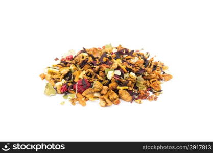 Mixed dry loose forest fruits as tea isolated on white background