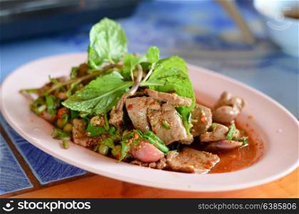 mixed fresh vegetable and steamed liver , Thai spicy salad