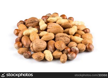 Mixed nuts in shells on a white background
