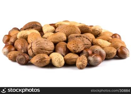 Mixed nuts in shells on a white background