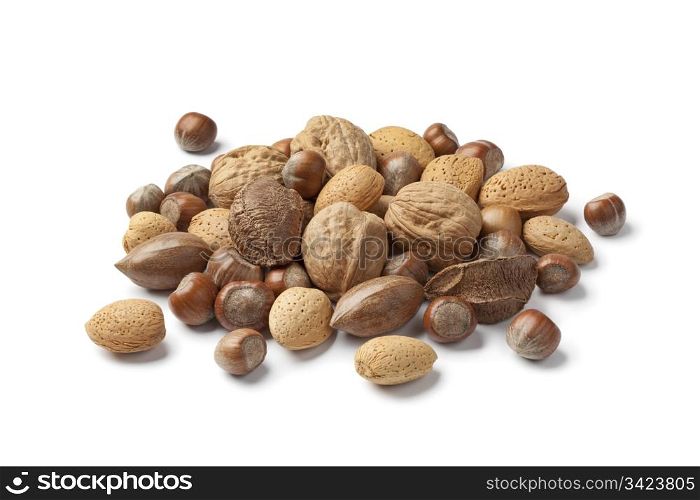Mixed nuts in the shell on white background