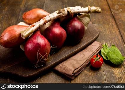 mixed onions on wooden chopping board over brown napkin
