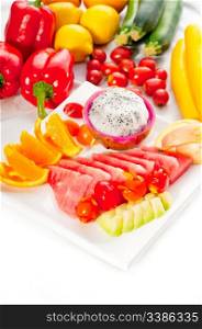 mixed plate of fresh fruits,pitaya or dragon fruit with watermelon, orange,apple and cherry tomatoes,MORE DELICIOUS FOOD ON PORTFOLIO
