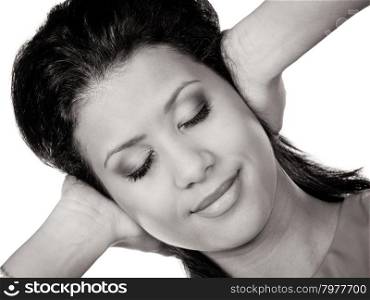 Mixed race woman closing ears with hands.. Mixed race woman closing ears with hands protecting from loud noise. Young girl not wanting to hear isolated on white.