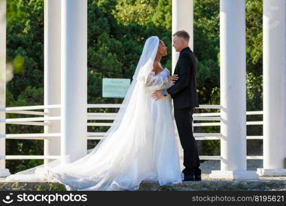 Mixed-racial newlyweds on a walk hugging against the backdrop of a beautiful gazebo