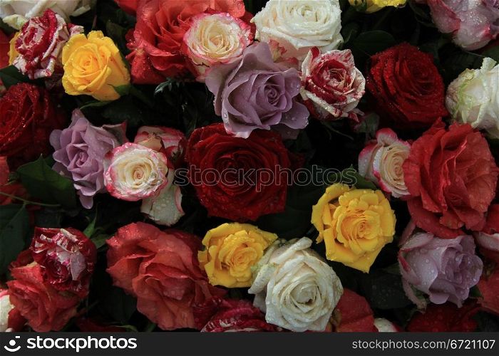 Mixed roses in a colorful bouquet with yellow, lilac, red and orange roses