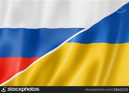 Mixed Russia and Ukraine flag, three dimensional render, illustration