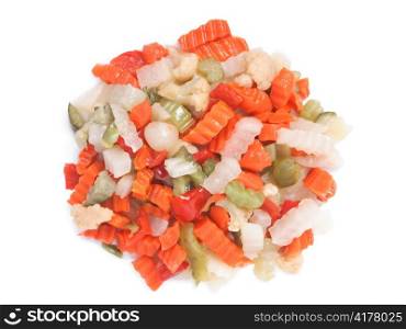 Mixed vegetables. Mixed vegetables as used in Russian Salad including carrots turnips courgettes zucchini cauliflower peppers celery onions olives