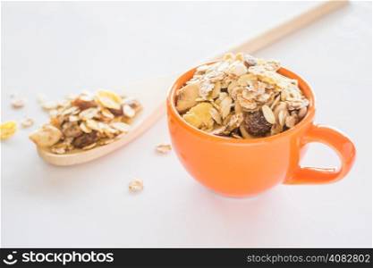 Mixture of cereals on white table, stock photo