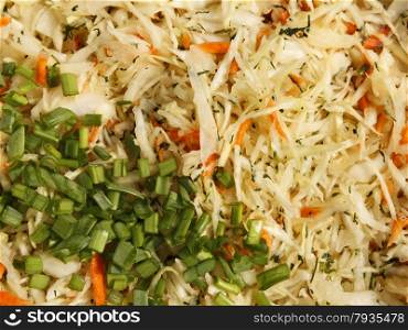 Mixture of ingredients for preparing a salad with finely chopped cabbage, carrots, dill and green onions close-up