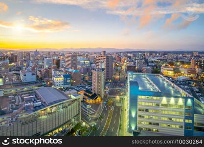 Miyazaki city downtown skyline cityscape  in Kyushu, Japan at sunset