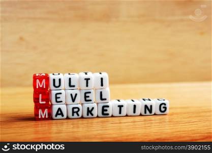 MLM Multi Level Marketing written on dices on wooden background
