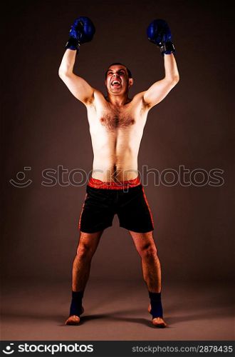 mma fighter with hands up on gray background