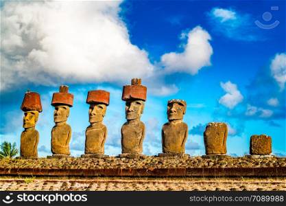 Moai at Ahu Nua Nua in Anakena Beach on Easter Island or Rapa Nui in Chile