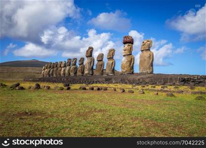 Moais statues, ahu Tongariki, easter island, Chile. Moais statues, ahu Tongariki, easter island