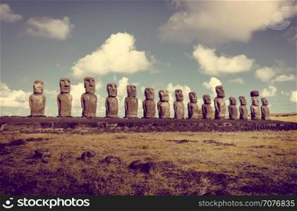 Moais statues, ahu Tongariki, easter island, Chile. Moais statues, ahu Tongariki, easter island