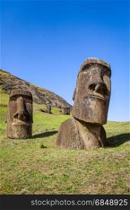 Moais statues on Rano Raraku volcano, easter island, Chile. Moais statues on Rano Raraku volcano, easter island