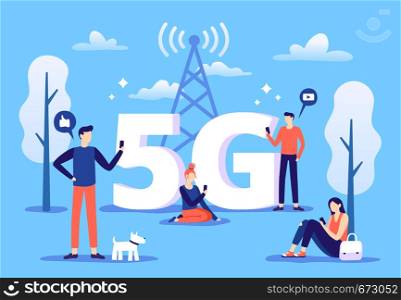 Mobile 5g connection. People with smartphones use high speed internet, fifth generation network and coverage zone. Smartphone telecommunication wave, phone wireless data connecting vector illustration. Mobile 5g connection. People with smartphones use high speed internet, fifth generation network and coverage zone vector illustration