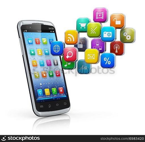 Mobile applications, business software and social media networking service concept: modern black glossy touchscreen smartphone with cloud of color application icons isolated on white background with reflection effect