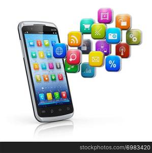 Mobile applications, business software and social media networking service concept: modern black glossy touchscreen smartphone with cloud of color application icons isolated on white background with reflection effect