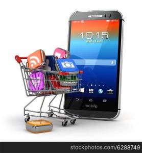 Mobile apps concept. Application software icons in shopping cart and smartphone. 3d