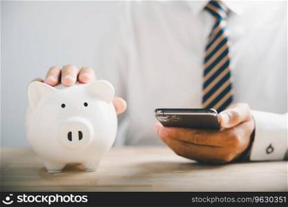 Mobile banking and budgeting, man saves money in piggybank. Growing fund concept on white desk. Financial support banner. Smartphone and piggybank illustrate wise investment. Financial Money Advice